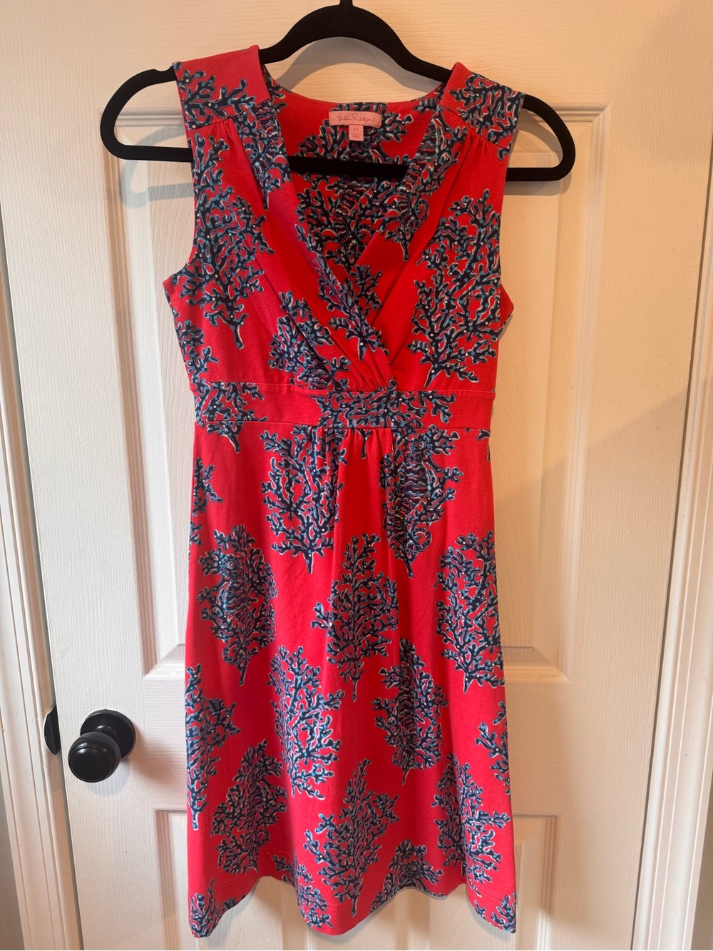Lilly Pulitzer Coral-Red Sleeveless V-Neck Midi Dress with Blue Print
